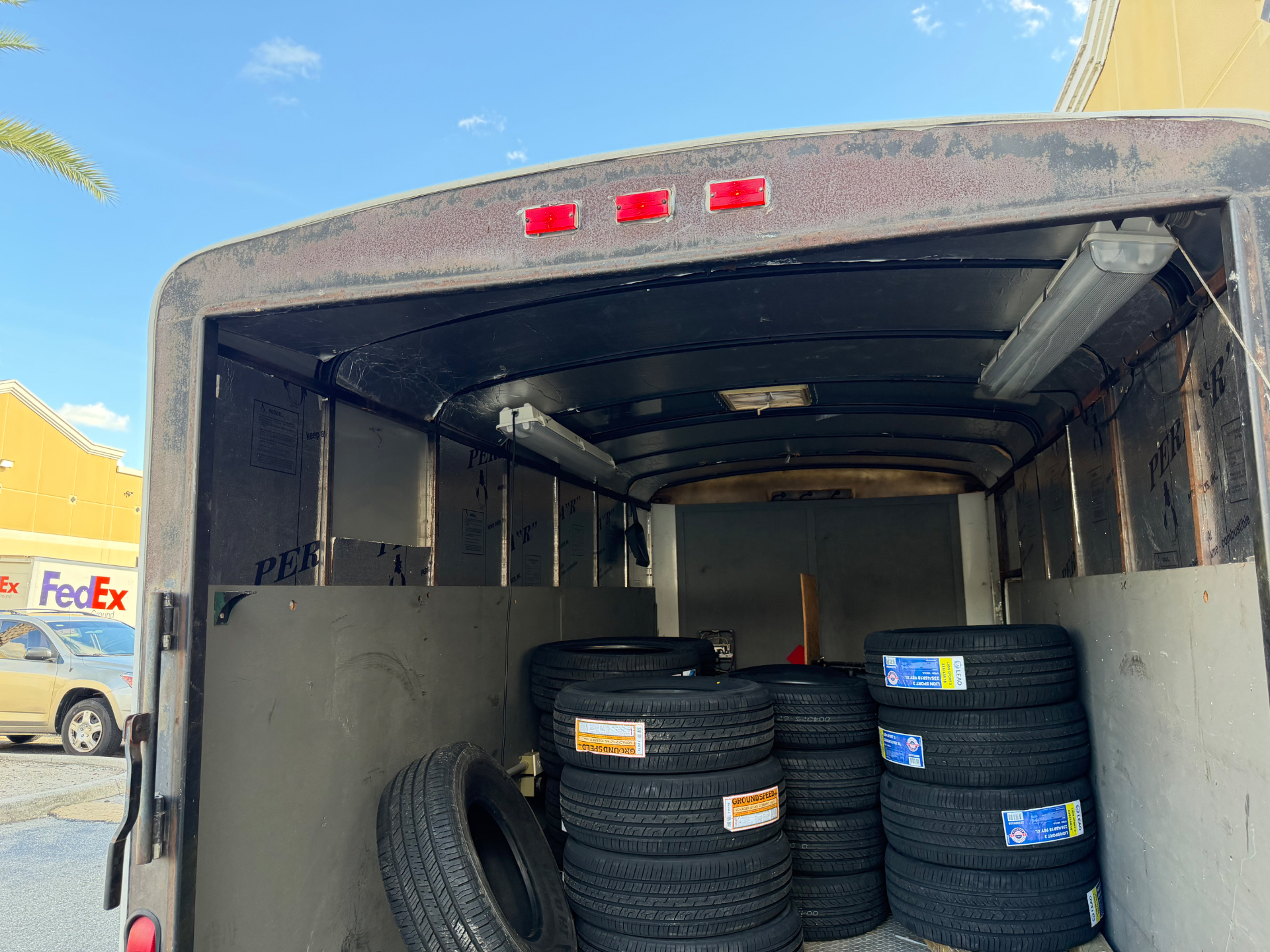 Trailer stocked with new tires