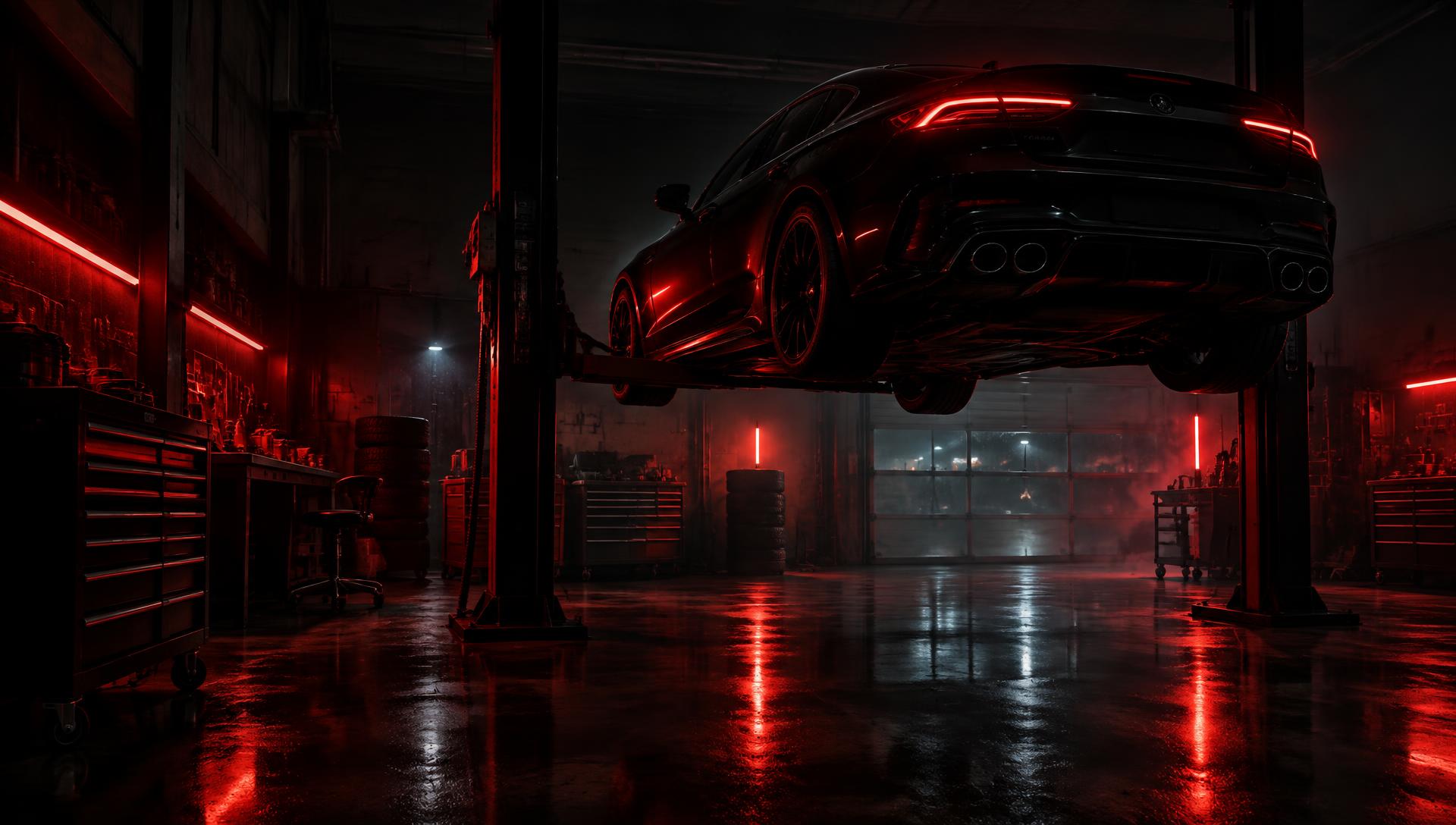 Car on a lift inside the Poveda's service bay